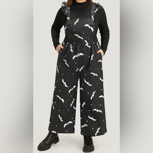 #872 - BloomChic Halloween Bat Print Pocket Overall Cami Jumpsuit Black & White